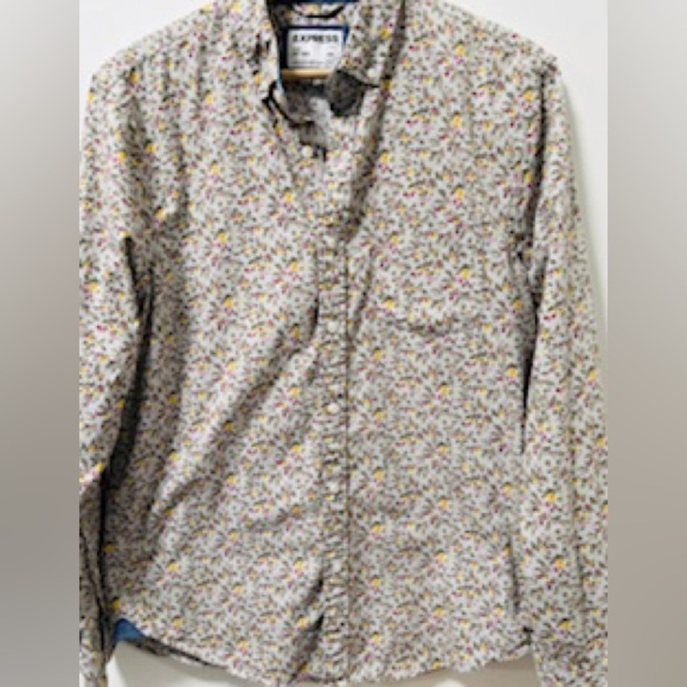 Express Slim Fit Soft Wash Floral Print, Denim Inserts & Trim Long Sleeve Shirt